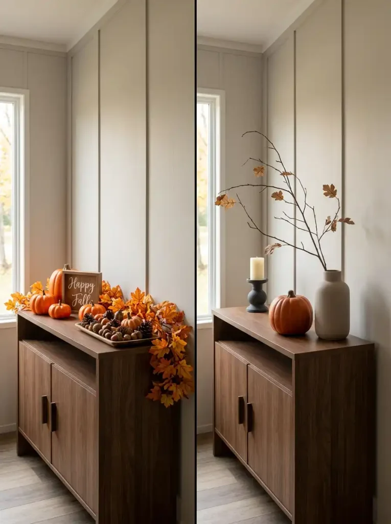 Before-and-after mobile home console showing cluttered fall decorations transformed into a simpler modern autumn arrangement.
