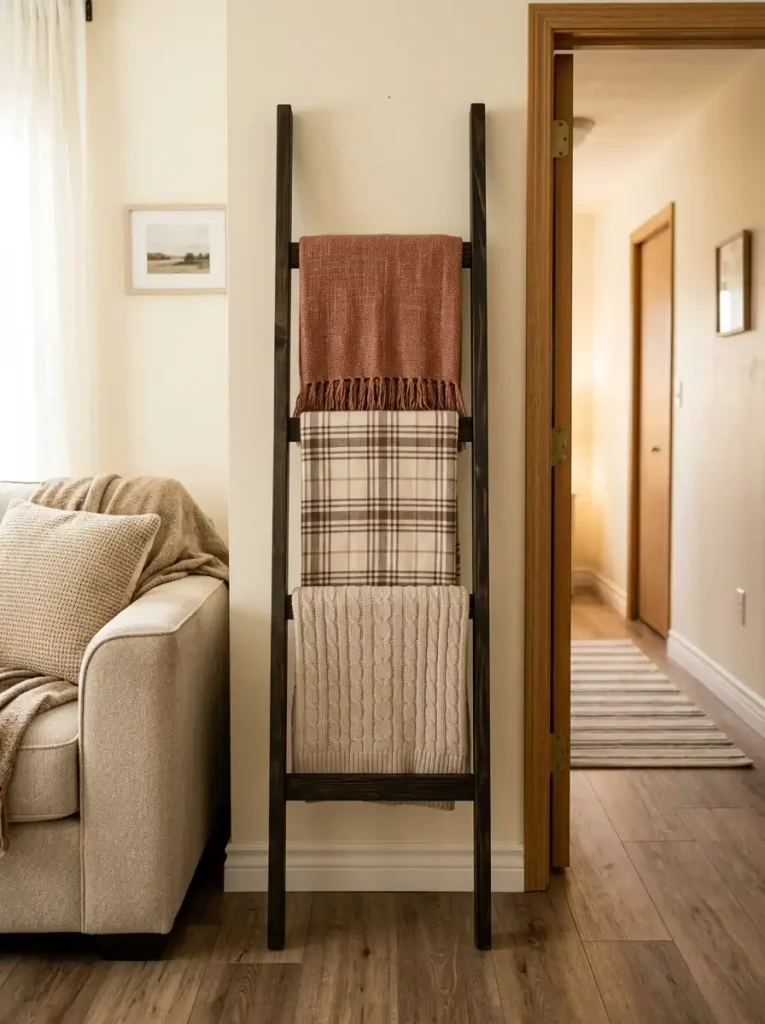Dark wood blanket ladder displaying rust, cream plaid, and oatmeal throws on a narrow mobile home wall