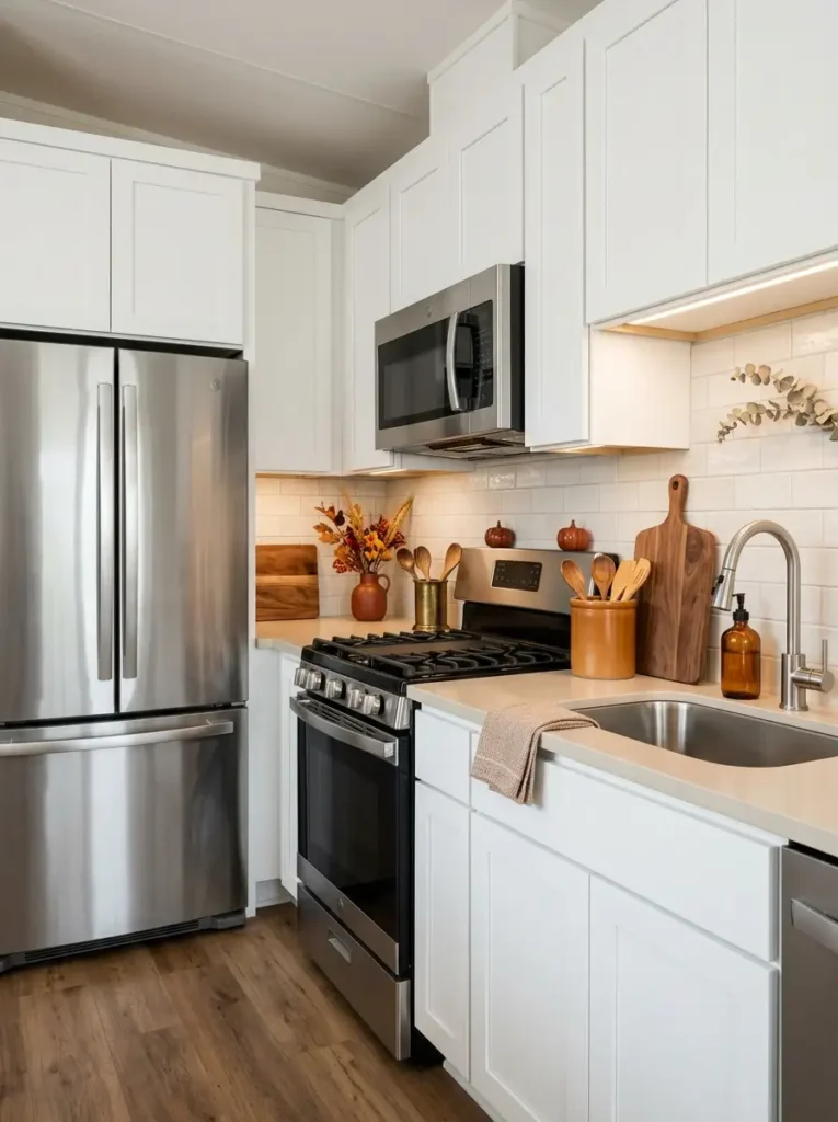 Modern mobile home kitchen with stainless appliances balanced by amber glass, natural wood, aged brass, and rust fall accents.