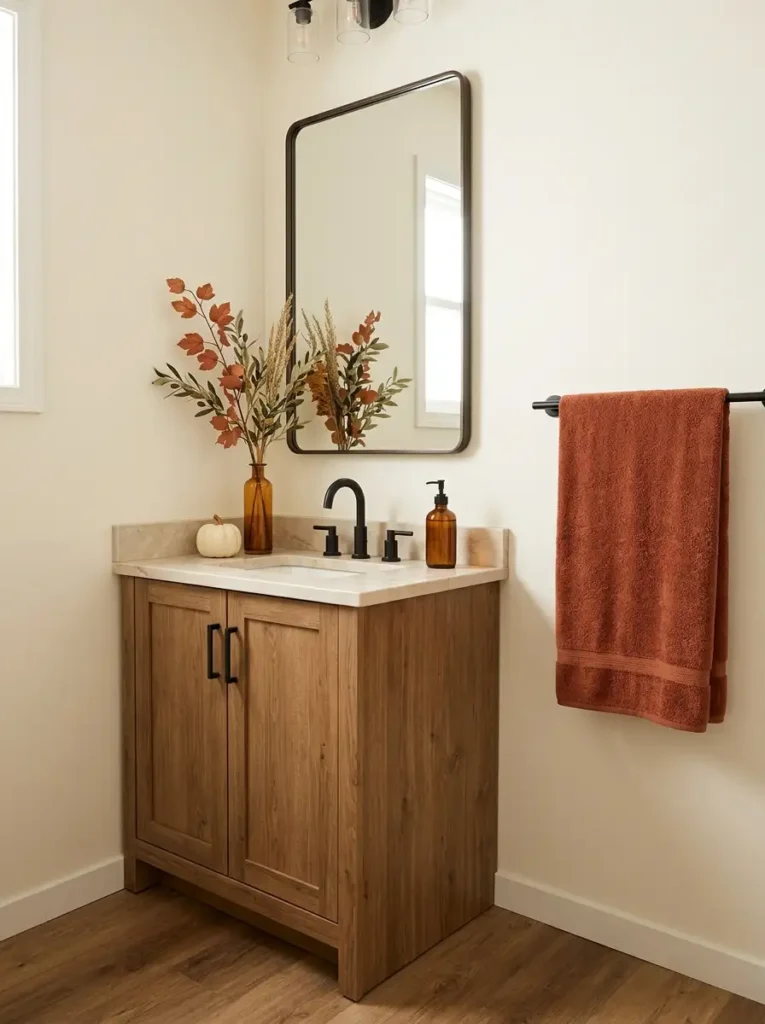 Compact bathroom vanity with rust hand towel, amber soap dispenser, small pumpkin, fall branches, wood mirror, and black fixtures.