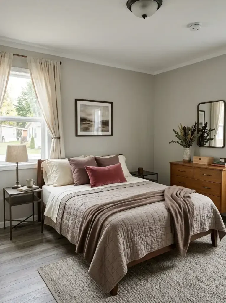 Fall mobile home bedroom decor with dusty cranberry, mushroom, cocoa, and ivory against cool gray finishes.