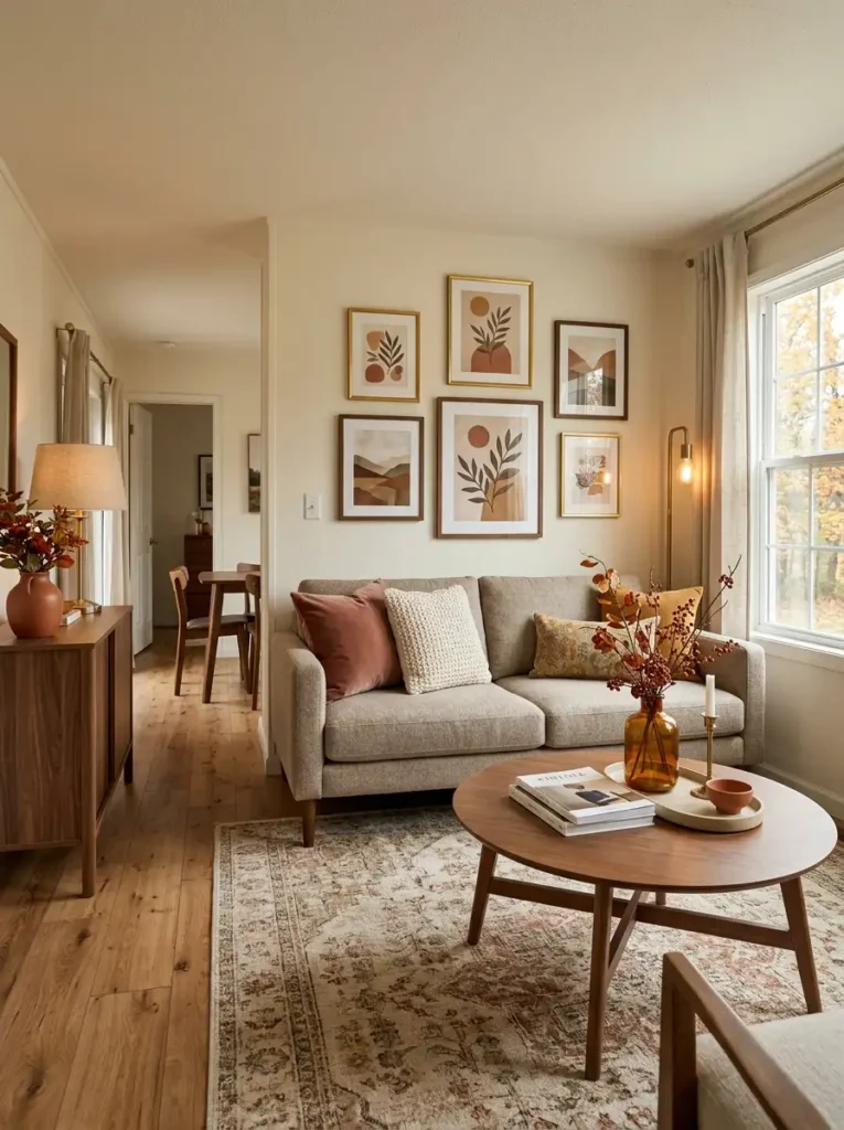Fall living room with oatmeal sofa, terracotta and cream pillows, walnut furniture, muted ochre accents, and warm neutral decor.