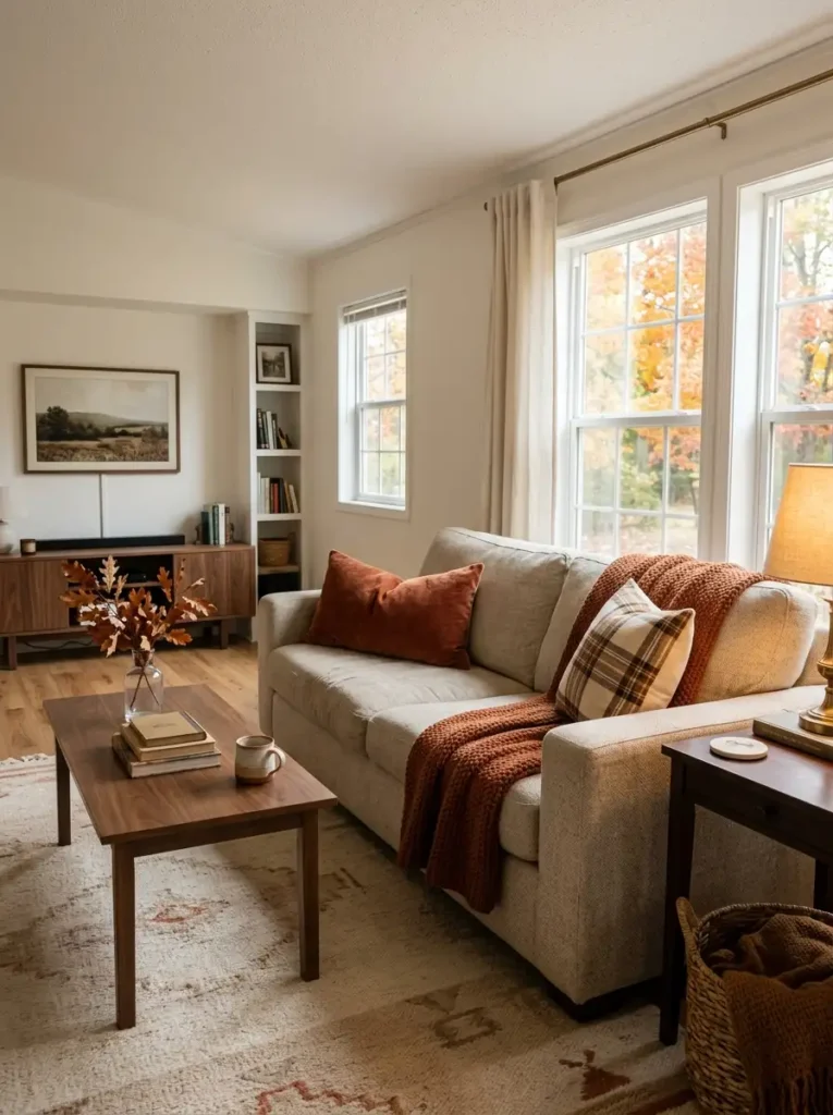 Cream sofa styled for fall with a rust throw, cinnamon lumbar pillow, subtle plaid cushion, and warm neutral living room decor.