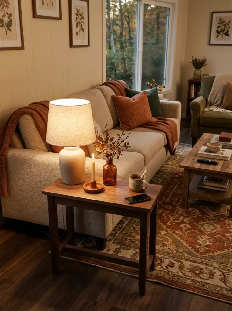 Fall side table vignette with warm lamp, small terracotta vase, autumn branches, candle, and open space beside a neutral sofa.