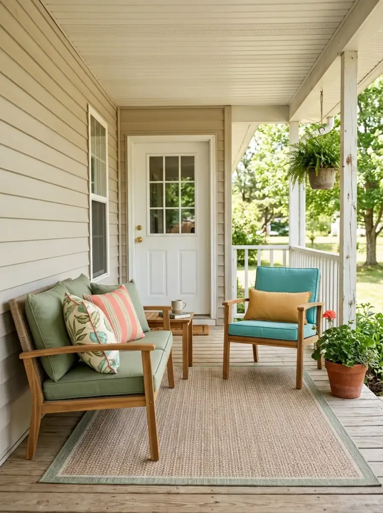 Mobile home porch seating with coordinated floral, striped, and solid outdoor cushions in green, coral, cream, and yellow.
