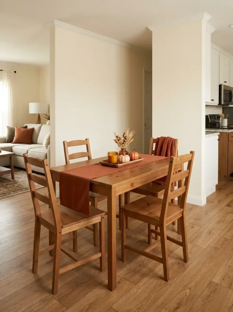 Compact single wide dining nook with a wood table, rust runner, low pumpkin centerpiece, four chairs, and a clear walking path.
