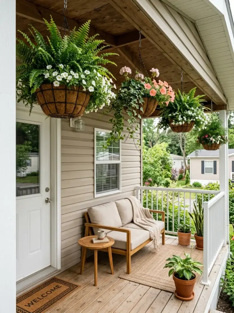 Covered mobile home porch with several spaced hanging flower baskets, compact seating, greenery, and visible ceiling between plants.
