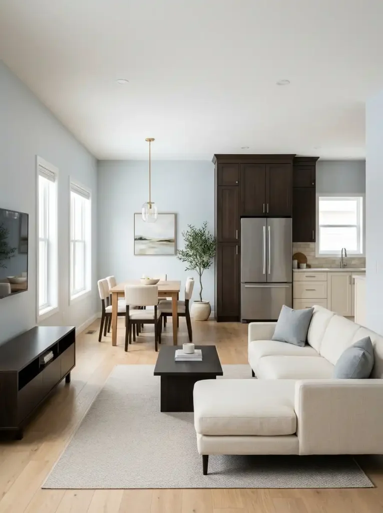 Single wide open plan with low living furniture gradually rising toward taller dining and kitchen elements.