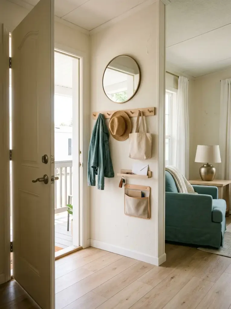 Small single wide mobile home entry with wall hooks, shallow key ledge, mirror, and open floor beside the exterior door.