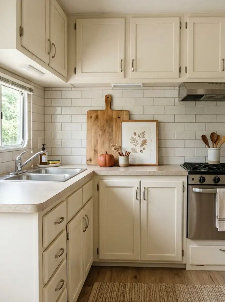 Fall kitchen backsplash styling with layered wood cutting board, autumn botanical print, and small ceramic pumpkin.