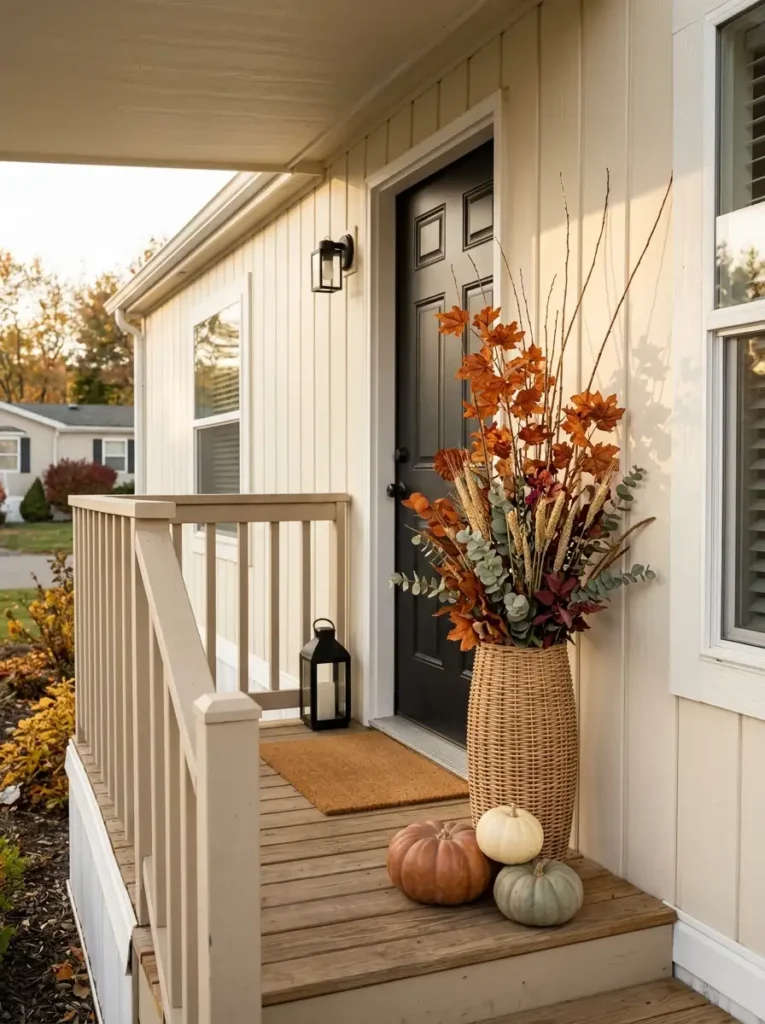 Single wide mobile home front porch with a tall woven basket of rust fall foliage, dried grasses, and a small cluster of pumpkins.