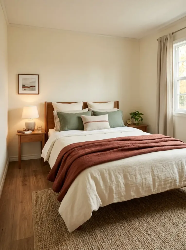 Mobile home bedroom with muted rust quilt, ivory bedding, moss pillow, and warm neutral fall decor.