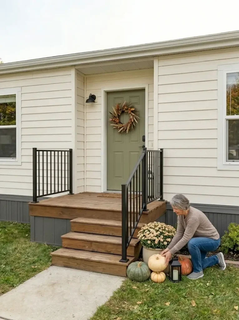 Homeowner arranging pumpkins, mums, a planter, and black lantern beside mobile home steps while keeping the walking path and railing clear.