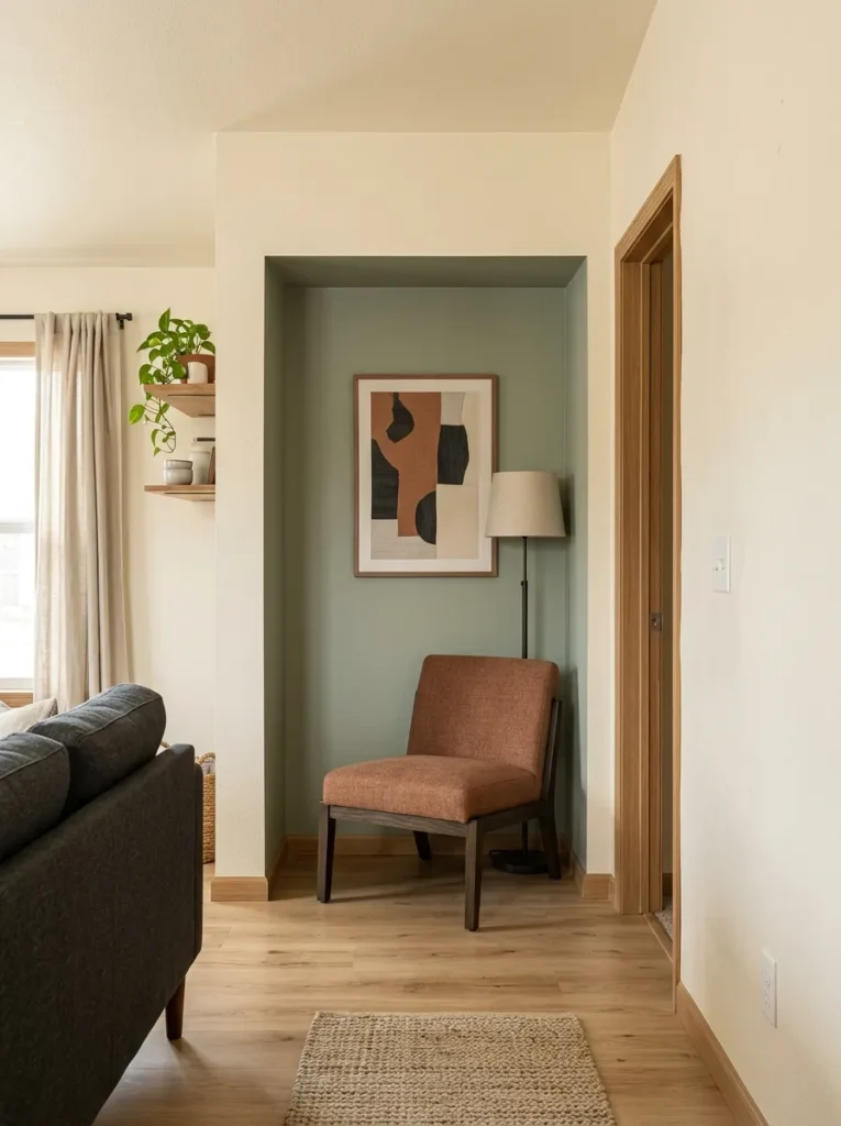 An architectural irregularity feels more deliberate when the décor respects its exact shape and scale.