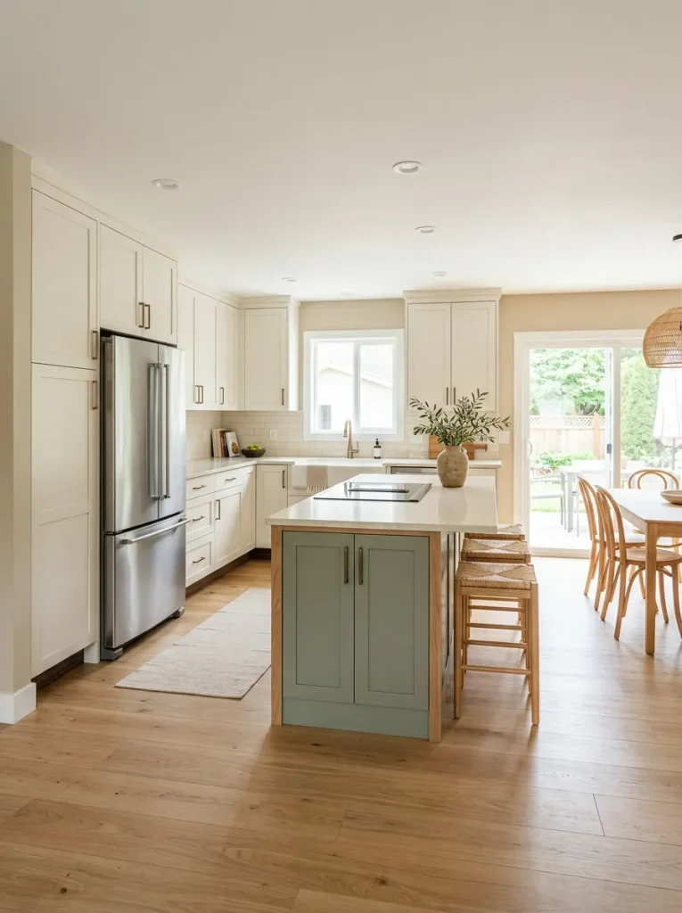 Modern double wide kitchen with clean cabinet end panels, fillers, refrigerator surround, and continuous toe-kick details.