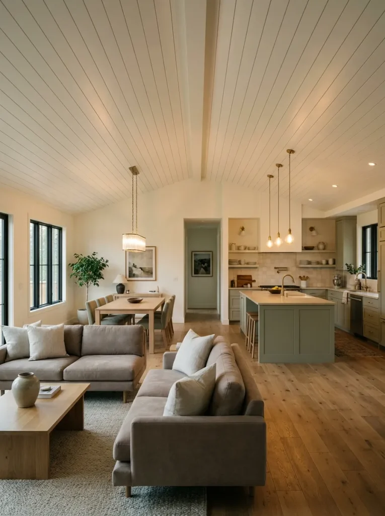Modern double wide living and kitchen spaces connected by one continuous warm-white ceiling treatment.