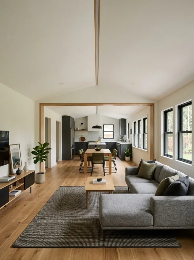Long modern double wide living and dining room with the center join resolved through consistent ceiling, wall, and trim detailing.