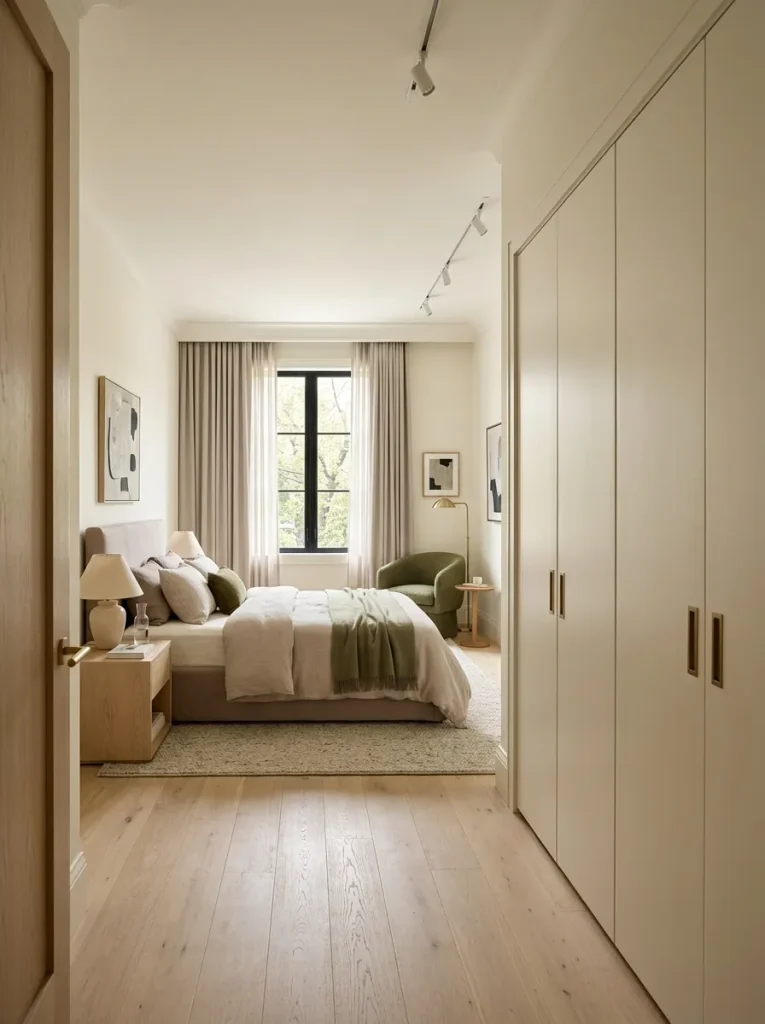Modern double wide bedroom with calm coordinated closet doors that blend into the architecture behind the bed and seating area.