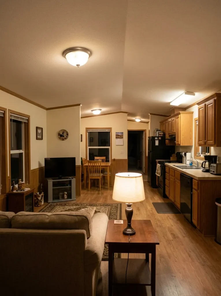Single-wide living room and kitchen illuminated with visually consistent warm evening lighting.
