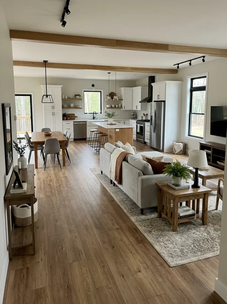Continuous warm flooring connects the living, dining, kitchen, and hallway of a double wide while a rug defines only the seating zone.