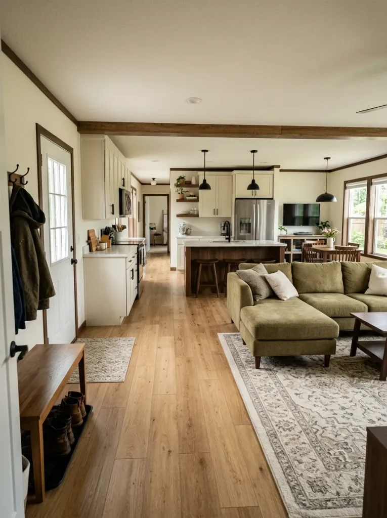 Secondary back-door circulation lane running along the edge of a double-wide kitchen and living area.