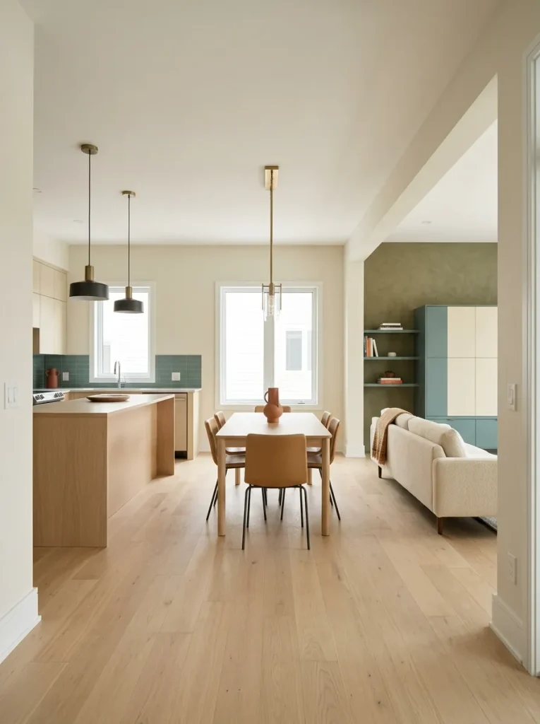 Modern double wide open-plan interior with aligned lighting, cabinetry, trim, storage, flooring, and architectural finishes.