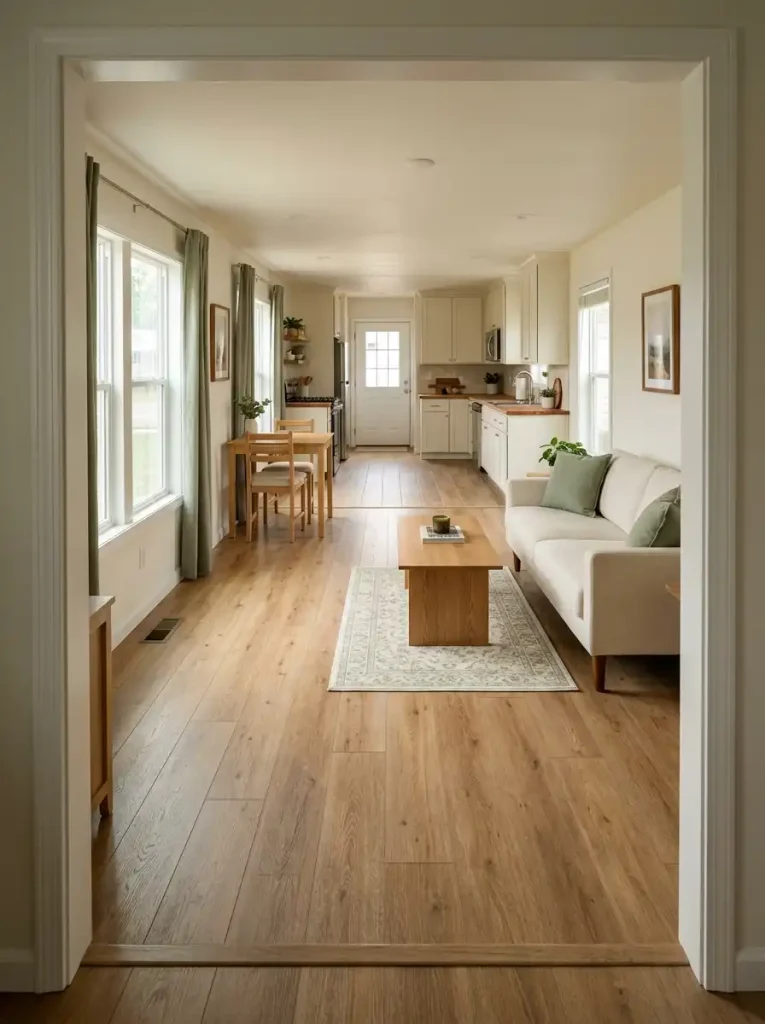 Single-wide interior with a warm flooring tone continuing through the living, dining, and kitchen areas.