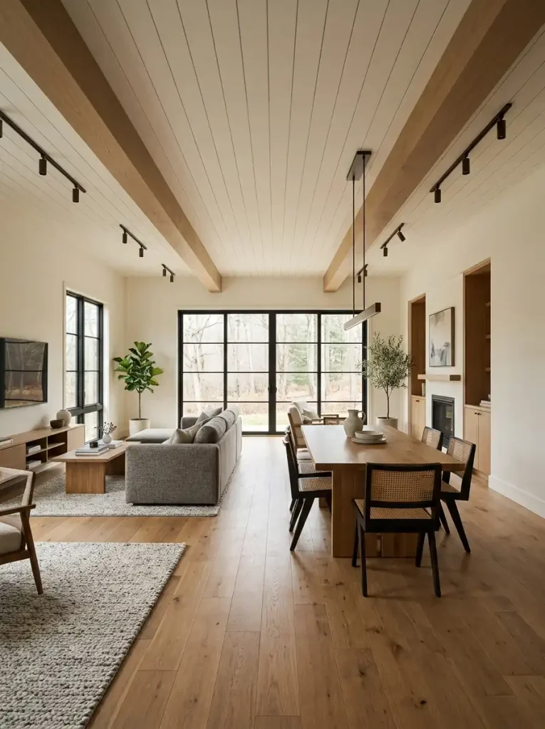 Single wide living room with a restrained wood ceiling beam connected visually to flooring, furniture, and dark lighting.