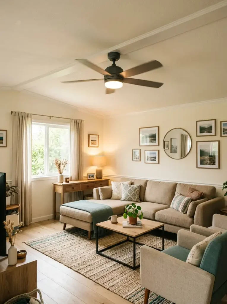 Single wide mobile home living room with a simple low-profile ceiling fan scaled to the seating area below.