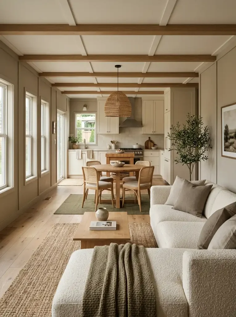 Living, dining, and kitchen zones using different textures within one coordinated neutral palette.