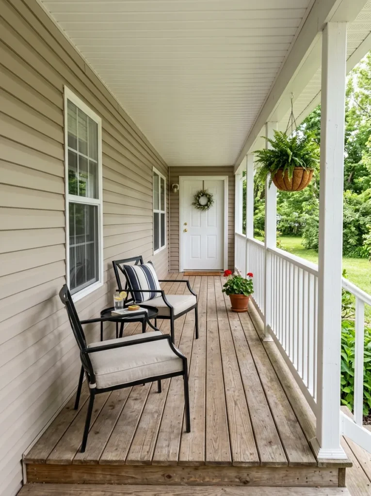 Narrow mobile home porch with slim outdoor chairs, compact loveseat, small table, and clear walkway to the front door.