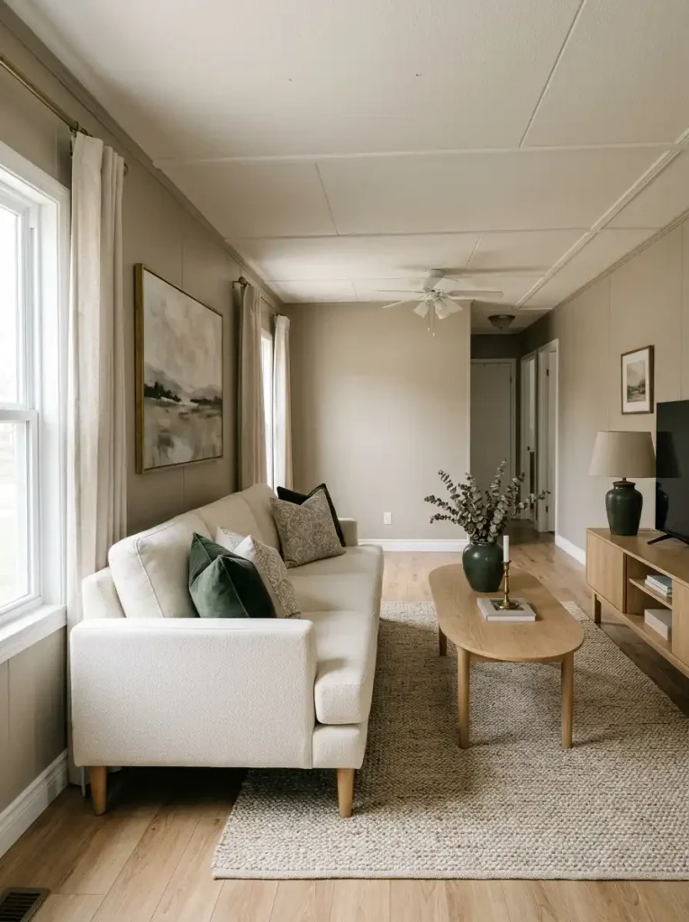 Single wide living room with a balanced-depth sofa, slim oval coffee table, shallow media console, and usable walking clearance.
