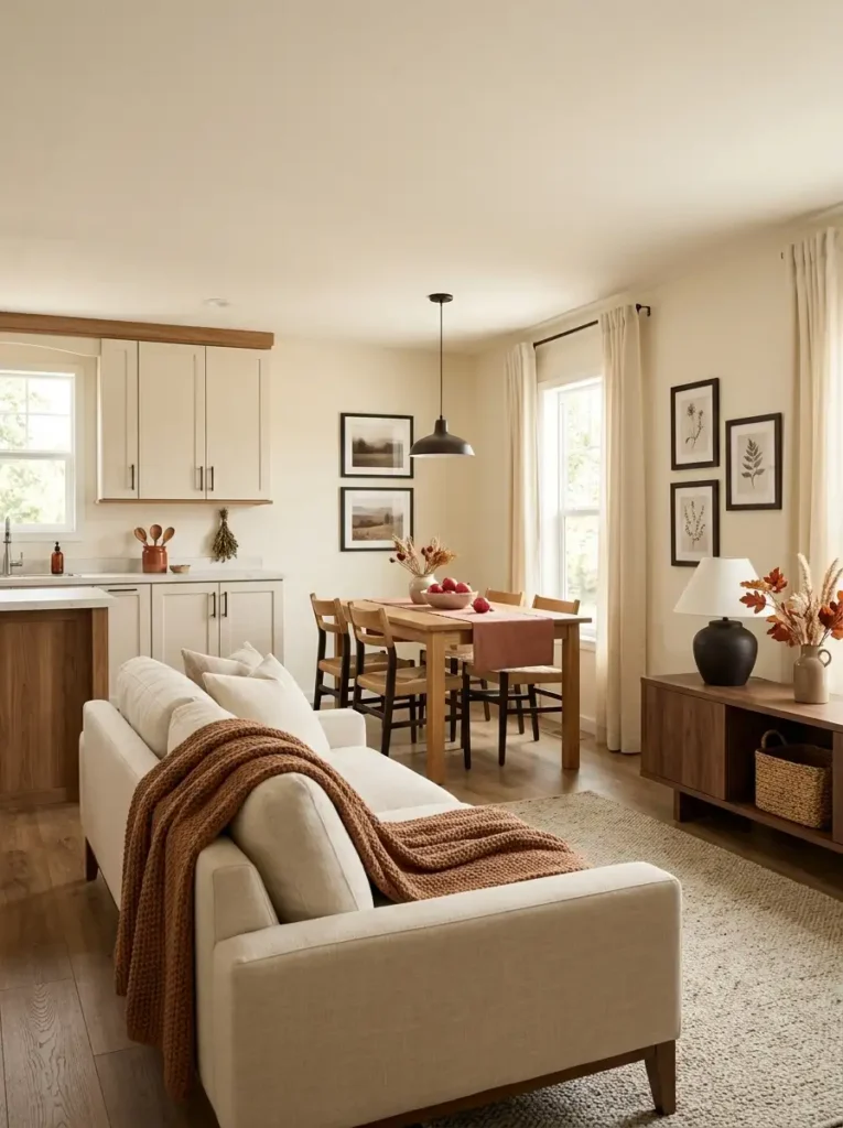 Double wide fall decor using cream, muted rust, and espresso accents across an open-plan living room, dining area, and kitchen.