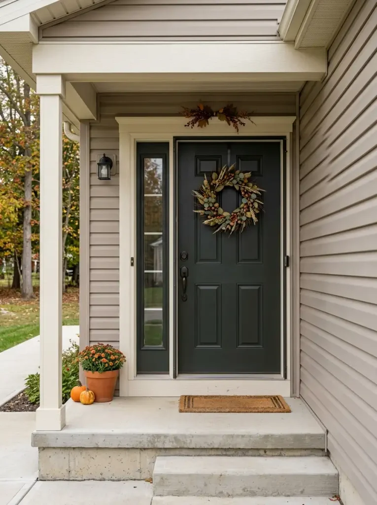 Mobile home front door with securely installed autumn wreath and subtle foliage beside light taupe vinyl siding.