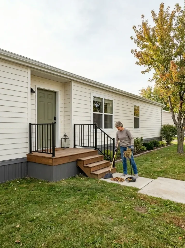 Homeowner cleaning a small mobile home porch and removing summer clutter before adding fall mobile home exterior decor.