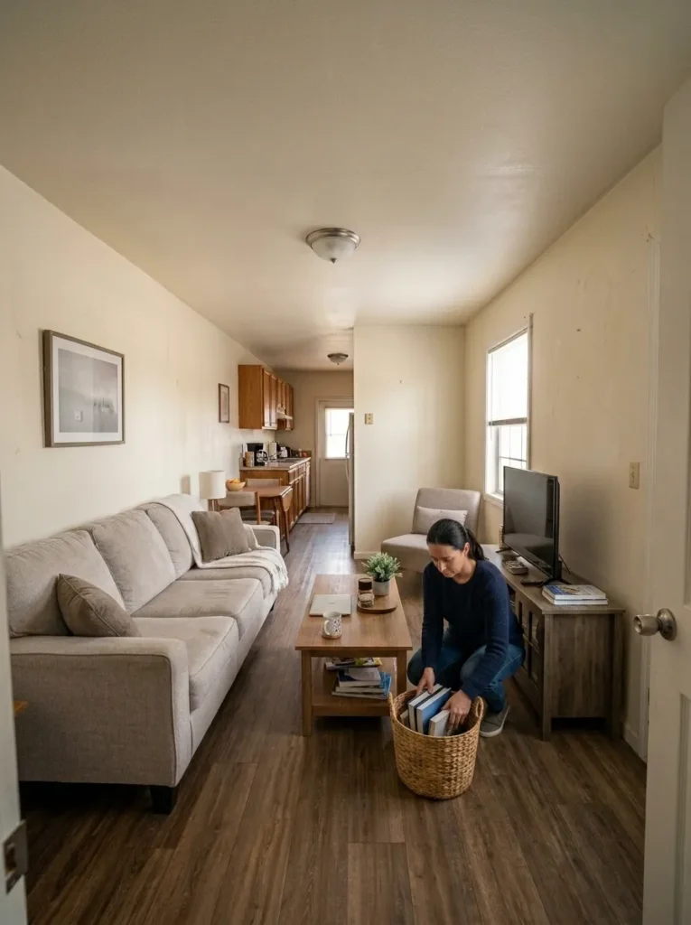 Removing unnecessary accessories first makes the compact room easier to read before any fall décor is added.
