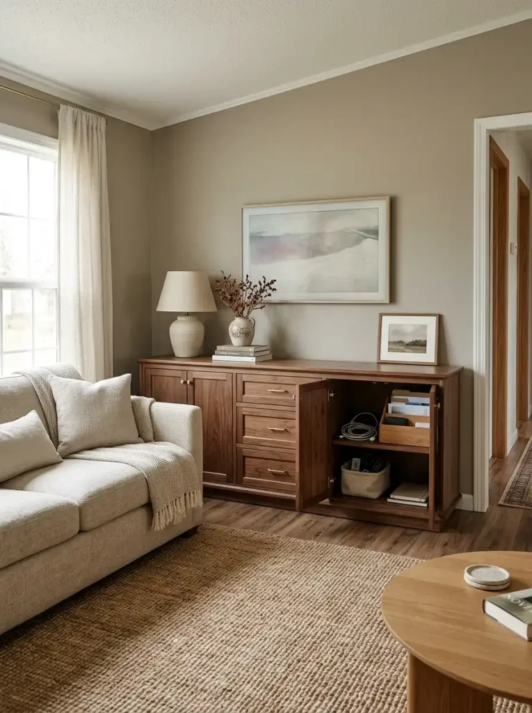 Single wide living room with furniture-like closed storage keeping everyday clutter off visible surfaces.