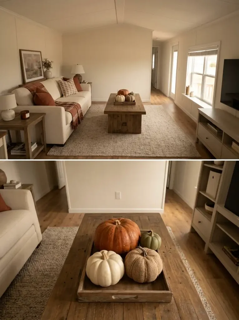 Cluster of burnt orange, cream, olive, and woven pumpkins on a low tray in a neutral single wide fall living room.