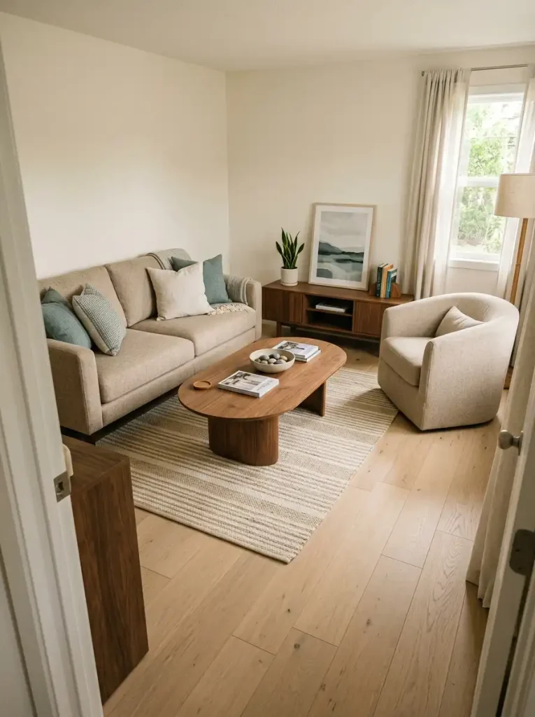Single wide living room with an oval coffee table positioned to provide smoother walking clearance around the seating group.