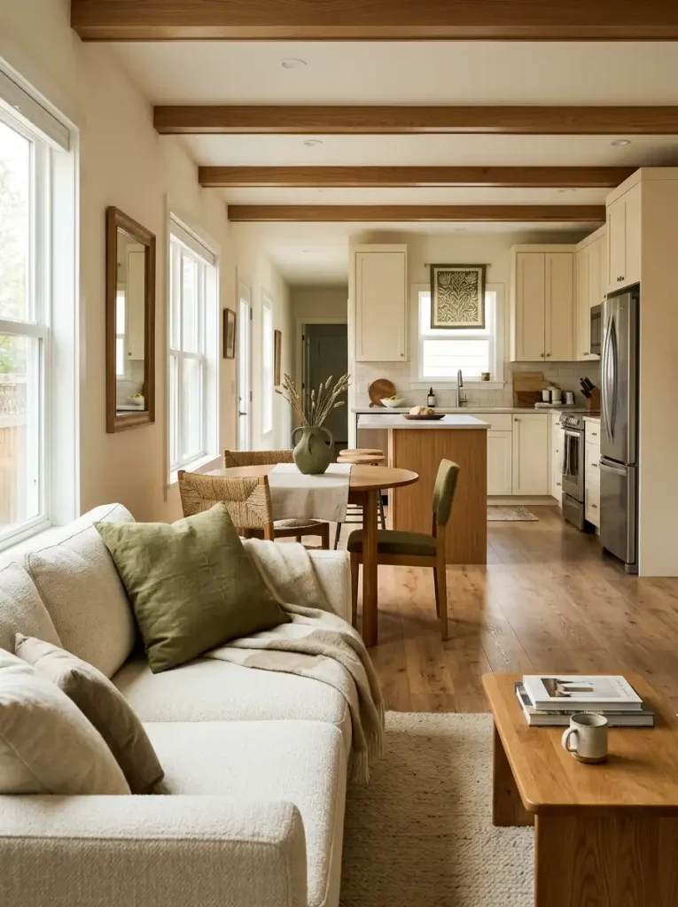 Connected single-wide rooms sharing cream, olive, and warm wood while using different textures.