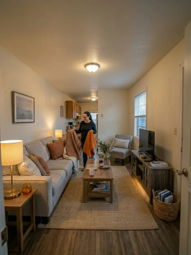 Muted rust, cream, and earthy neutrals work more naturally with the home's existing flooring, sofa, and wood finishes than brighter seasonal colors.