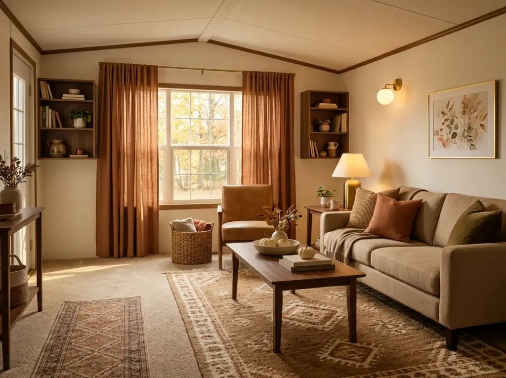 Finished cozy fall mobile home living room with beige sofa, rust and cream textiles, warm lighting, wood furniture, clear walkway, and subtle autumn decor.