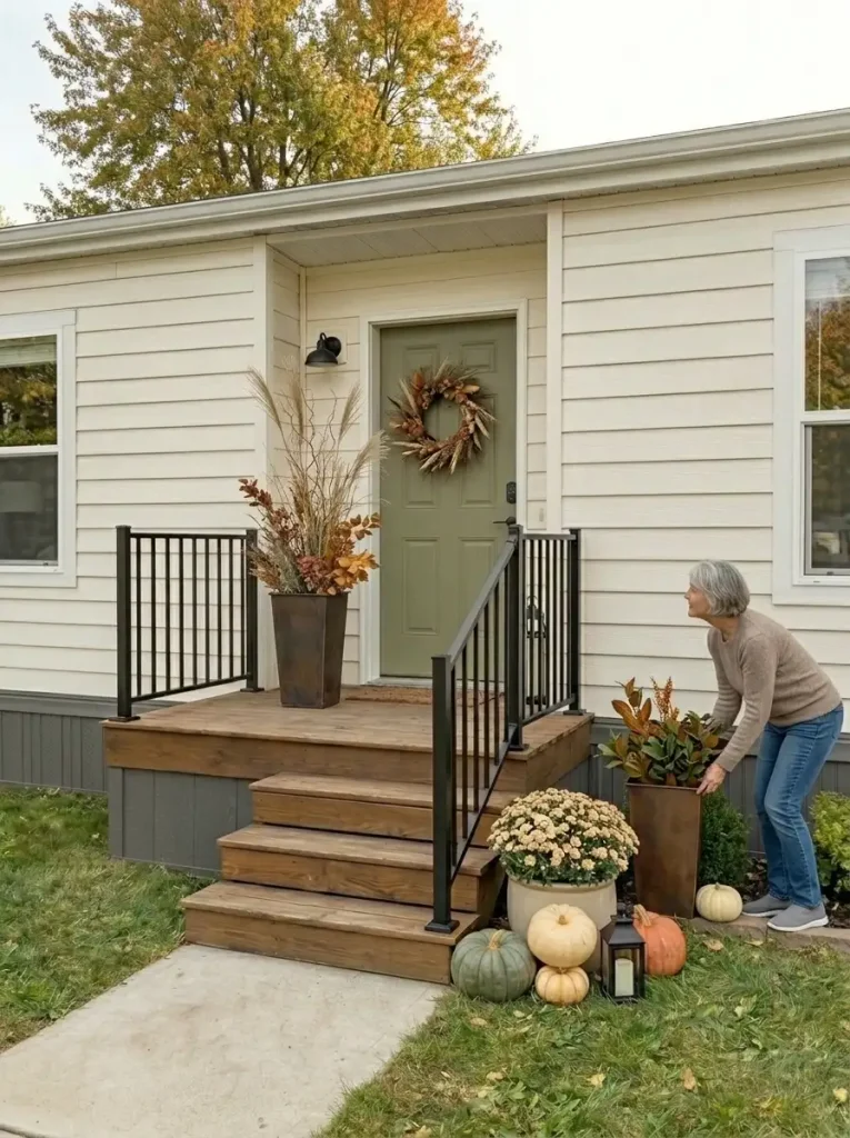 Wide mobile home exterior with fall-decorated front porch and a subtle secondary planter repeating rust, green, and warm autumn colors near a front window.