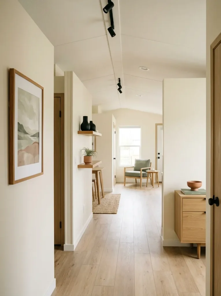 Short single-wide wall sections connected visually with repeated oak and black accents.