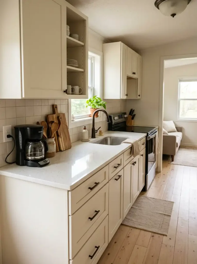 Compact single wide mobile home kitchen with coffee maker and tall countertop items grouped at one end of a mostly clear counter.
