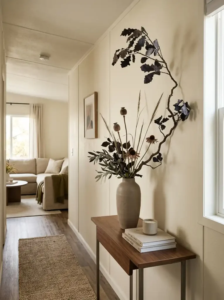 Asymmetric fall branch arrangement with seed heads and dark foliage in a matte ceramic vase inside a modern mobile home.