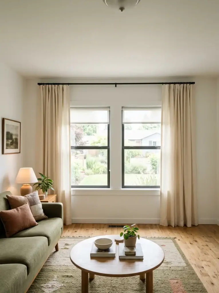 Two nearby living-room windows unified by one continuous curtain treatment.