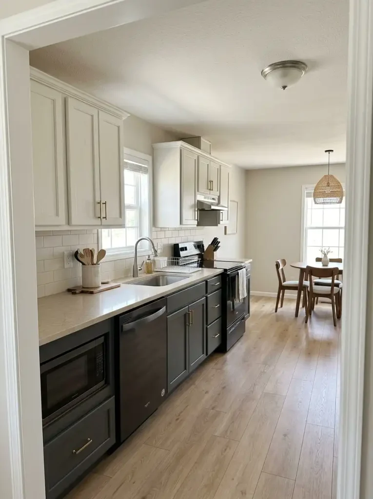 Single wide kitchen with a restrained two-tone cabinet scheme and one clearly controlled contrast.