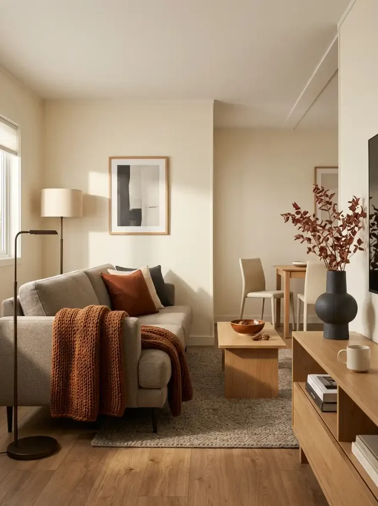 Neutral mobile home living room with cream walls, oak flooring, and a controlled cinnamon fall color palette.