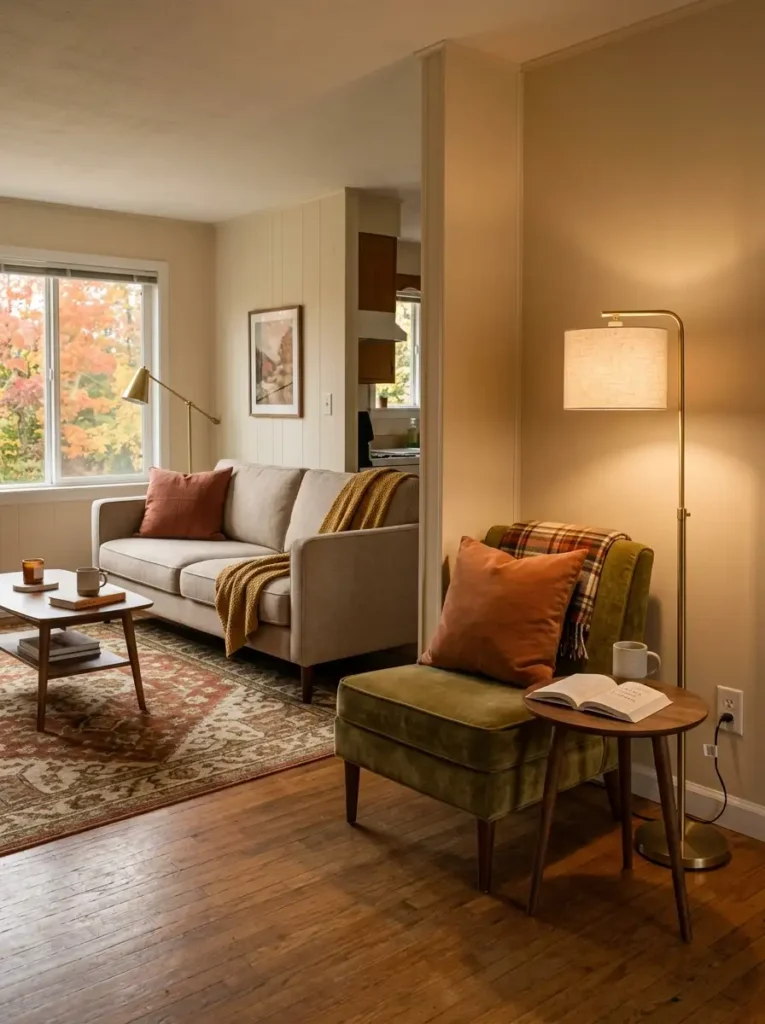 Cozy autumn reading nook with compact armchair, floor lamp, rust cushion, throw blanket, and side table in a mobile home living room.